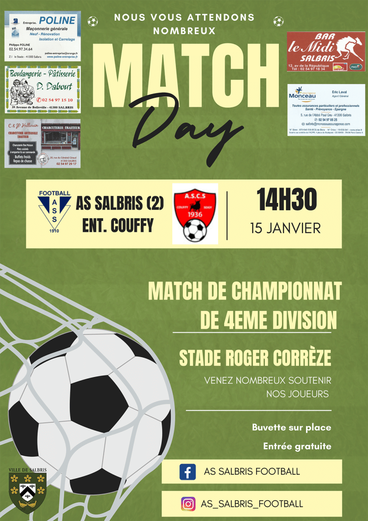 L'AS Salbris Football (2) reçoit l'Entente Couffy ce dimanche 15 janvier à 14h30 au stade Roger CORREZE dans le cadre du championnat de 4ème division.