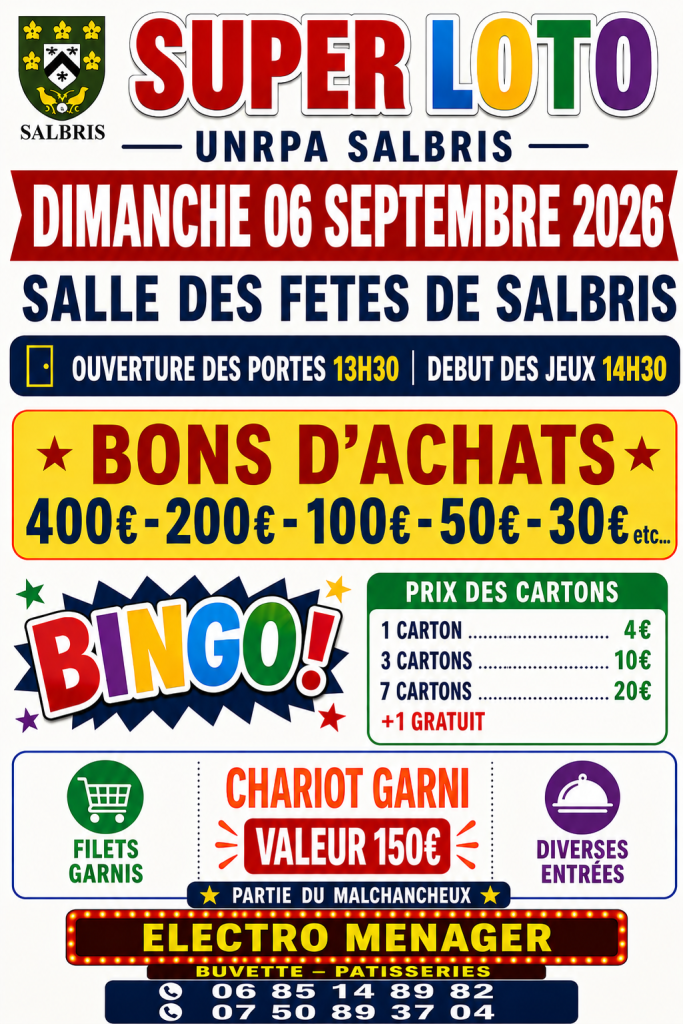 « Affiche du Super Loto de l'UNRPA à Salbris, dimanche 6 septembre 2026 à la Salle des Fêtes »