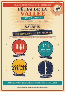 « Fêtes de la Vallée : affiche de l'appel aux volontaires sportifs de Salbris pour les jeux du Centenaire, samedi 15 août 2026 »