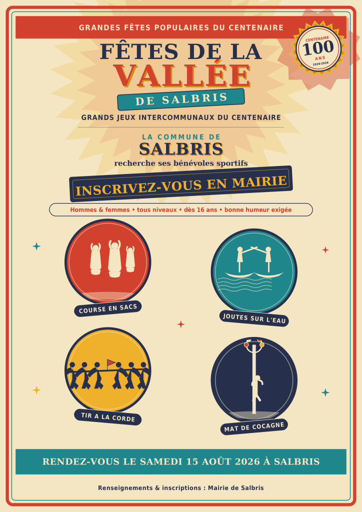 « Fêtes de la Vallée : affiche de l'appel aux volontaires sportifs de Salbris pour les jeux du Centenaire, samedi 15 août 2026 »