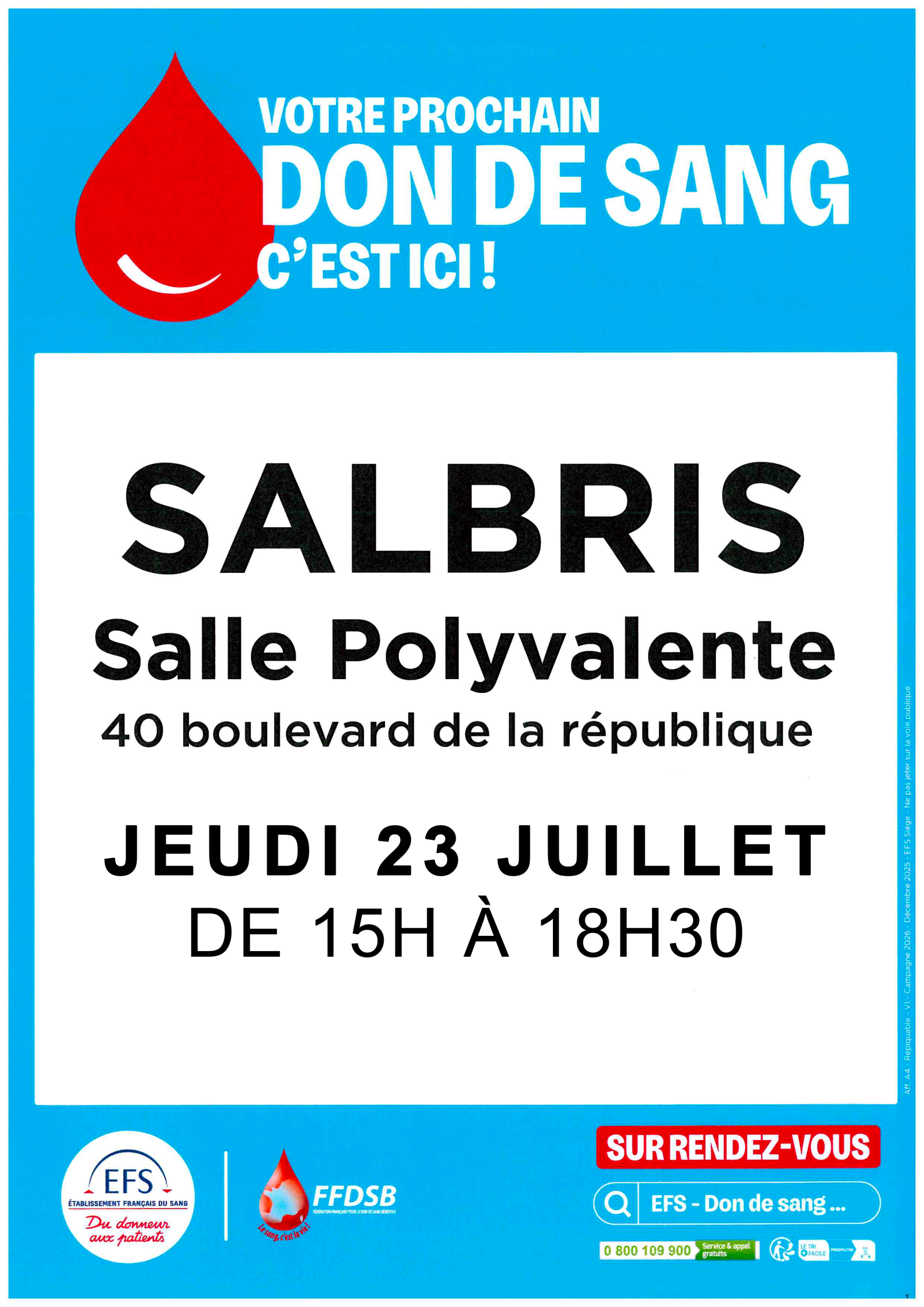 « Don du sang à Salbris : collecte de l'EFS le jeudi 23 juillet de 15h à 18h30 à la Salle Polyvalente »