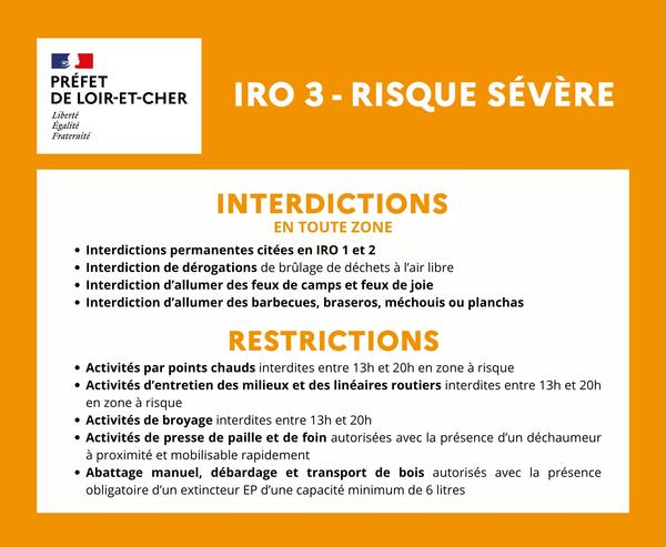 Risque de feux de forêt : affiche IRO 3 de la préfecture de Loir-et-Cher, interdictions du 2 au 14 juillet 2026 »