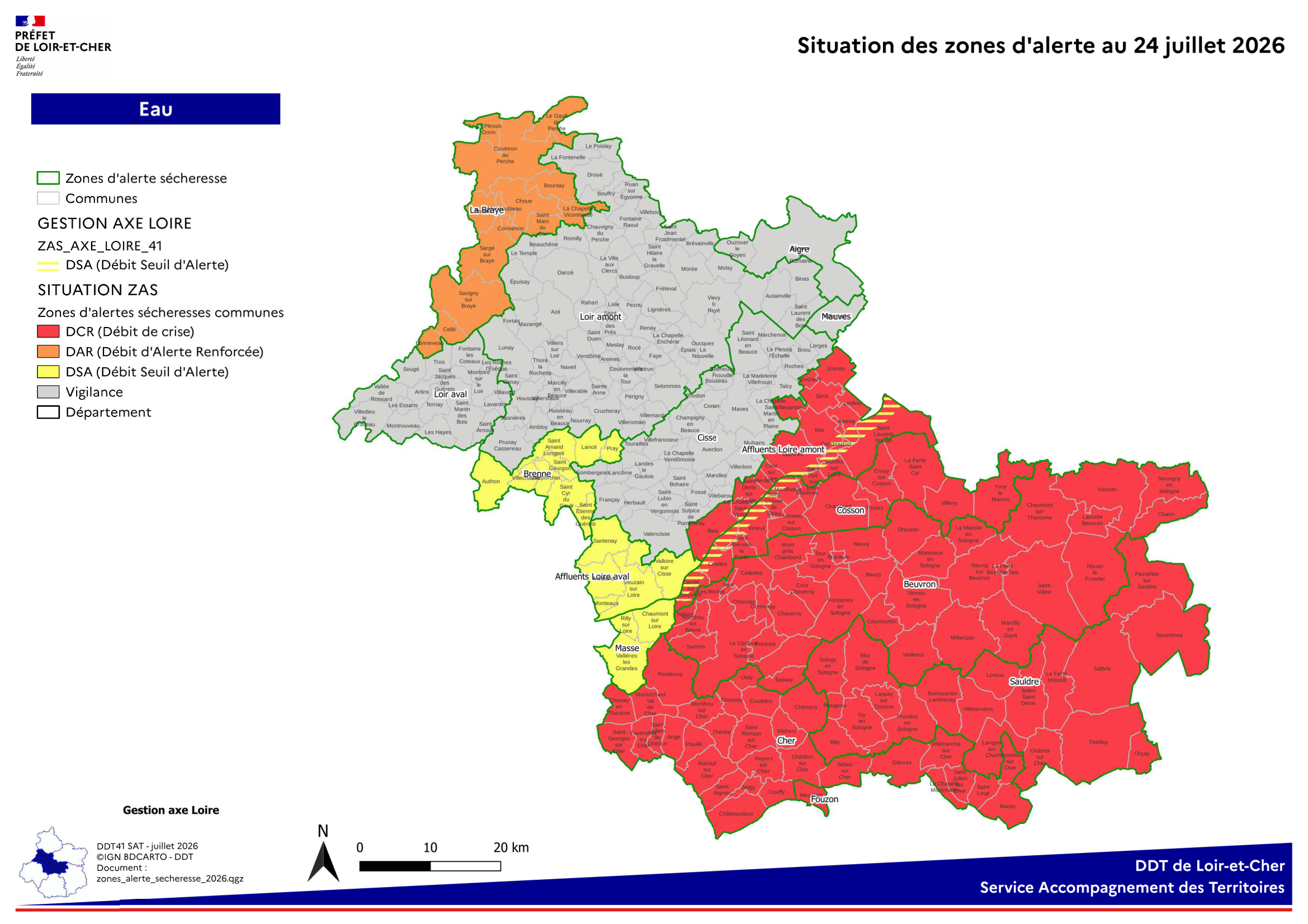 « Sécheresse à Salbris : carte des zones d'alerte du Loir-et-Cher, bassin de la Sauldre en niveau crise »