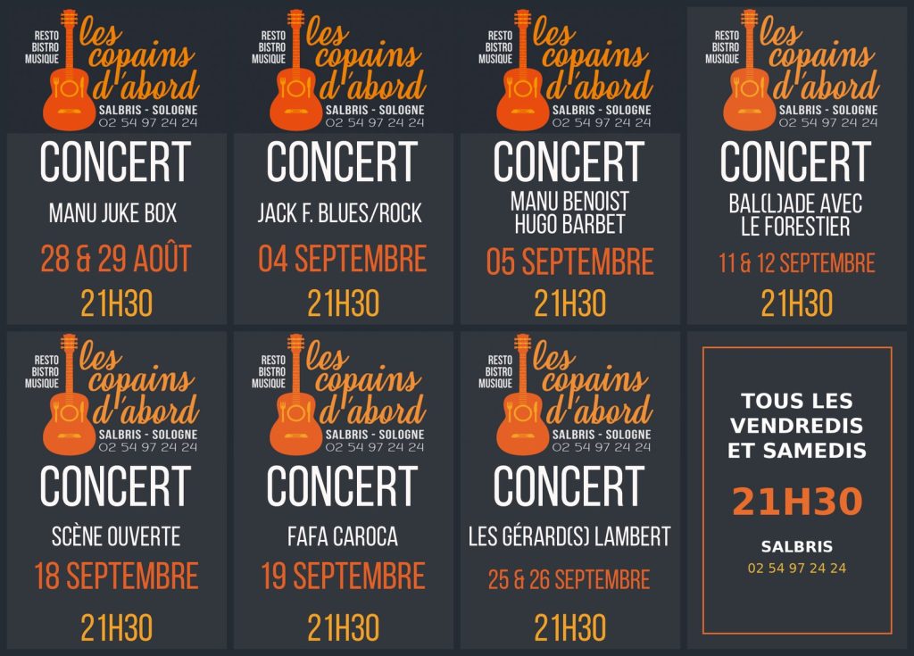 Concerts aux Copains d'Abord à Salbris : affiches du programme de septembre 2026