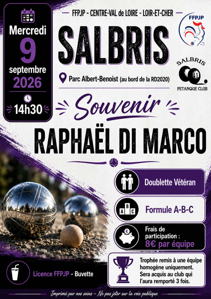 « Souvenir Raphaël Di Marco : affiche du concours de pétanque du 9 septembre 2026 à Salbris »