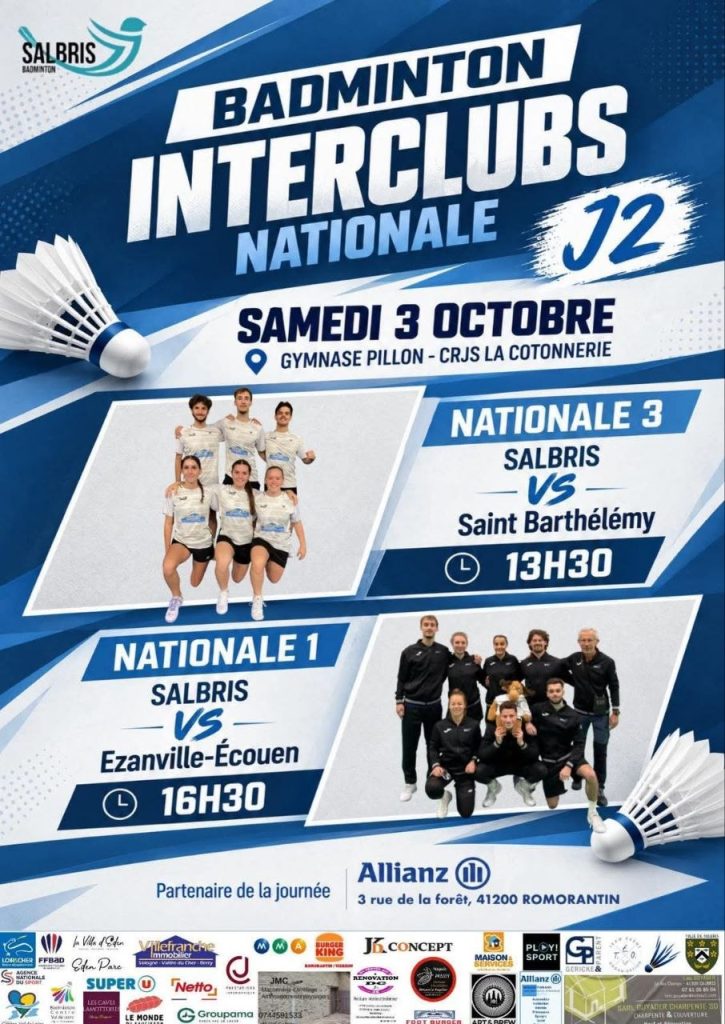 Interclubs de badminton à Salbris, affiche de la journée 2 du samedi 3 octobre 2026 au gymnase Pillon