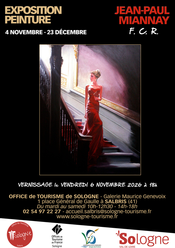 Exposition Jean-Paul Miannay, affiche avec une femme en robe rouge dans un escalier, du 4 novembre au 23 décembre 2026 à Salbris